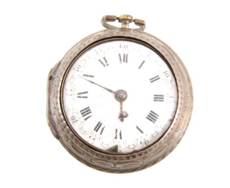 A pair case pocket watch by Markham of London, white enamel 38mm dial with roman numeral chapter ring and outer arabic minute