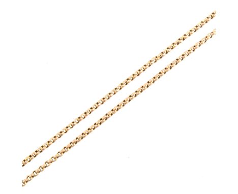 A yellow metal guard chain, 3mm gauge faceted belcher link, 165cm long, fitted with a bolt ring fastener, approximate weight 