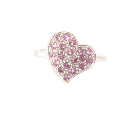 A modern pink stone heart ring, nineteen untested small pink stones set in a 9 carat white gold heart shaped cluster, hallmar