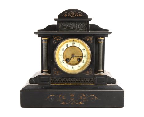 Victorian slate mantel clock, by Curtis &amp; Horspool, Leicester, French cylinder movement striking on a gong, architectural