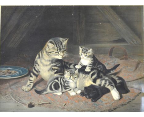 After Horacio Cauldery, Kittens, chromo-lithograph, 44cm x 58cm; three other Victorian chromo-lithographs, similarly framed. 