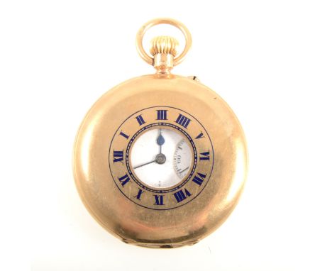 A 9 carat yellow gold demi-hunter pocket watch, 40mm white enamel dial marked Pearce with a roman numeral chapter ring and su