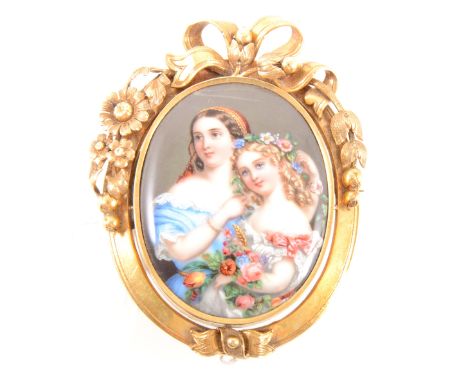 An oval portrait brooch in a modern Russia box, the oval ceramic plaque 43mm x 35mm, with title on verso "Les Deux Sours Lang