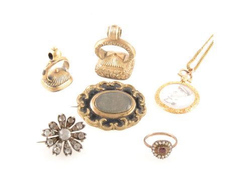 A collection of Victorian and later jewellery, a base metal curb link guard chain 140cm, photo frame pendant, mourning brooch