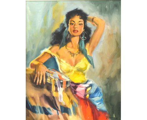 Firzegil, portrait of a lady, and a tambourine, oil on canvas, signed, 49cm x 39cm.