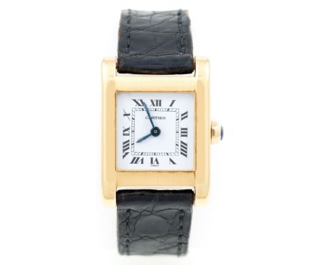 Cartier - A lady's 18K gold Tank Normale Small Model wrist watch, square white 14mm roman dial with railway track minute coun