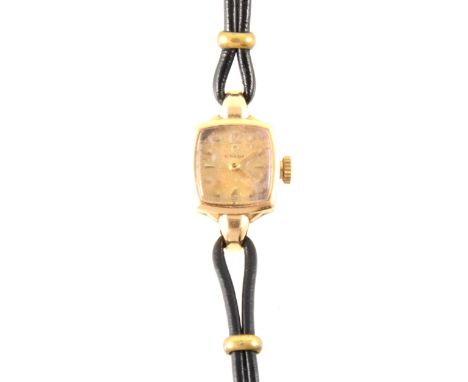 Omega - a lady's vintage wrist watch, champagne cushion shaped baton dial with arabics at 12 and 6 in an 80 micron gold-plate