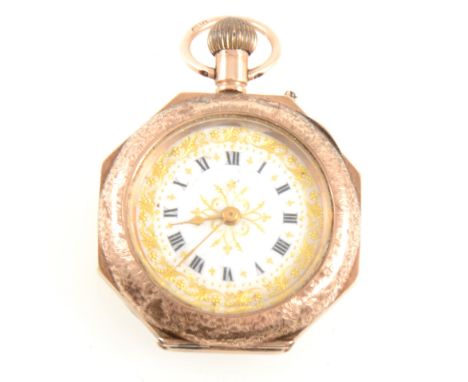 A lady's 9 carat rose gold open face fob watch, having a 22mm white enamel dial with roman numeral chapter ring and gilt bord