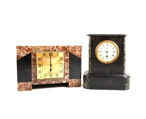 A Victorian slate mantel clock, circular white enamelled dial with Roman numerals; and another mantel clock in the Art Deco s