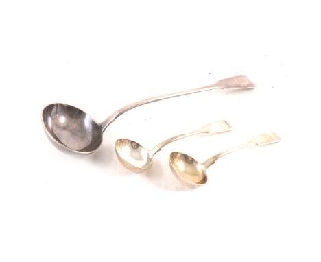 Silver ladle, fiddle pattern, maker's mark JW, London 1840, and a pair of sauce ladles, fiddle pattern, A B Savory &amp; Sons