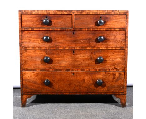 George III mahogany chest of drawers, two short and three long graduating drawers, turned handles, bracket feet, width 107cm,