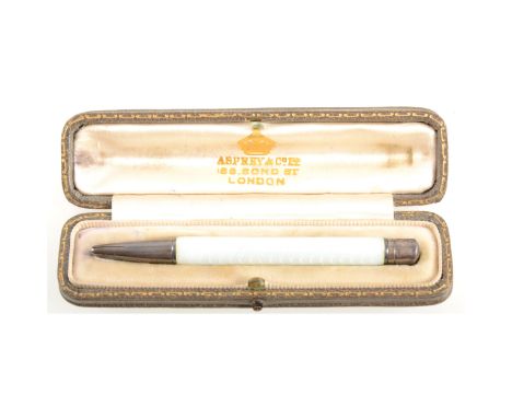 A silver coloured propelling pencil with pale blue guilloche enamel barrel in an Asprey box, the pencil 9cm long.