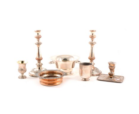 Two boxes of silver plate, including a Walker and Hall salver, a Continental white metal campagna shape vase, candlesticks, v