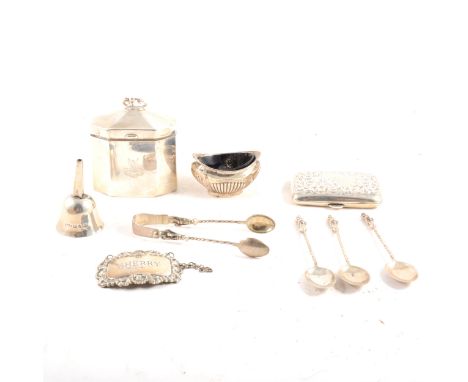 Silver tea caddy, octagonal form, loop handle, engraved crest and motto 'Nil Desperandum', SWS, Birmingham 1896, 5oz; sifter 