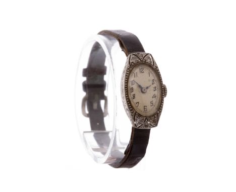 LADY'S ART DECO MANUAL WIND WRIST WATCHunsigned movement, the oval dial with Arabic numerals in black. railroad outer seconds