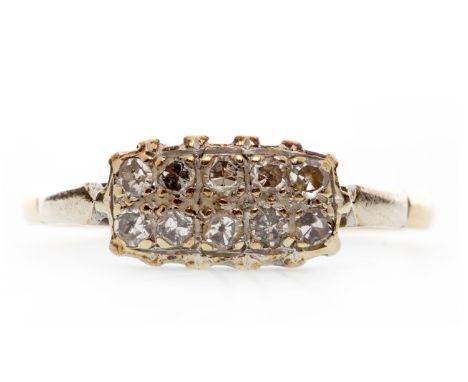 MID TO LATE TWENTIETH CENTURY DIAMOND DRESS RINGthe rectangular plaque bezel set with ten single cut diamonds, marked 18CT PL
