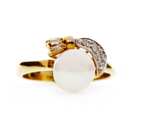 PEARL AND DIAMOND DRESS RINGset with a single spherical white pearl 7.7mm diameter and flanked by a single curved row of grai