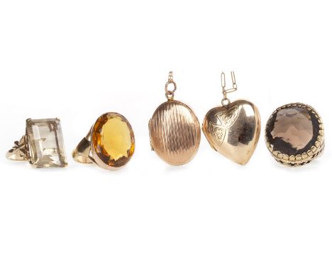 TWO GOLD PLATED LOCKETS ON CHAINSalong with an impressive nine carat gold gem set ring, size R, 7.4g; a gem set ring with for