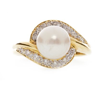 DIAMOND AND PEARL DRESS RINGset with a single spherical white pearl 7.9mm diameter on grain set diamond twist shoulders, mark