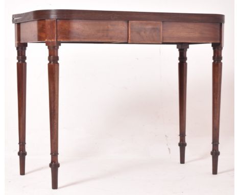 An early Victorian 19th century mahogany fold top card / tea table. The table having a rounded edges top with reeded sides. F