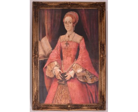 A 17th century style gilt painted composite frame with print on canvas of William Scrots' portrait of Elizabeth I when a Prin