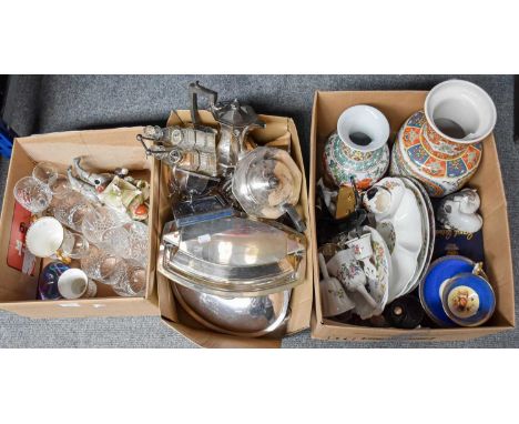 Three Boxes of Household Ceramics, glass and silver plate, caithness paperweight, entree dishes, tea set, Aynsley fruit decor