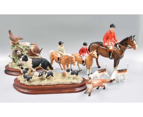 Beswick Hunting Group, including Huntsman, Boy on Pony, Foxes and Fox Hounds; together with Beswick Pigs, etc and a BFA 'Wren