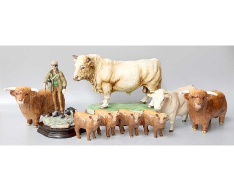 Beswick Cattle, including Highland Bulls and Calves and a Charolais Bull; together with a foreign made bull on wooden plinth 