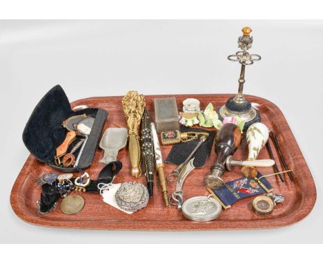 A Group of Interesting Items, including a Victorian gilt metal posy holder, Lorgnette, a solkets pewter arts and crafts caddy