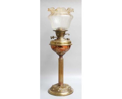 A Brass Columner Oil Lamp, with etched glass shade, signed Sianne, 62cm high 