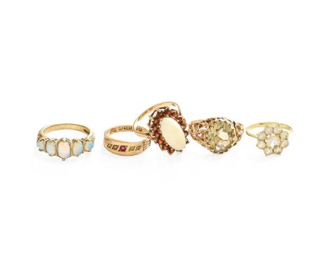 Five Dress Rings, comprising of a 9 carat gold opal and garnet cluster ring, finger size Q; a 9 carat gold opal five stone ri