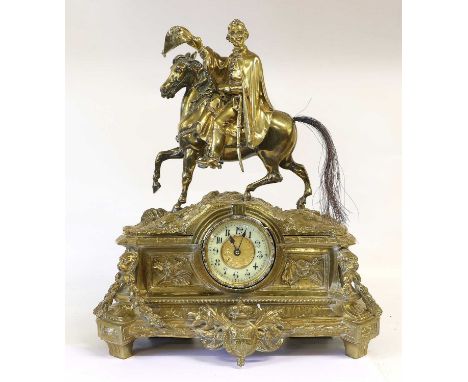A 19th Century Brass Mantel Clock, the white enamel chapter ring with black arabic numerals, with later battery driven moveme