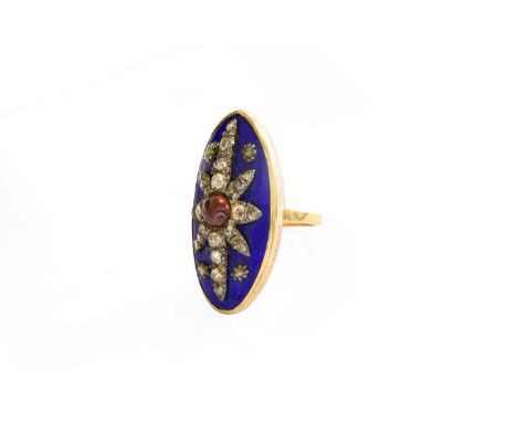 A Garnet, Diamond and Enamel Ring, the round cabochon carbuncle garnet to eight radial arms set throughout with rose cut diam