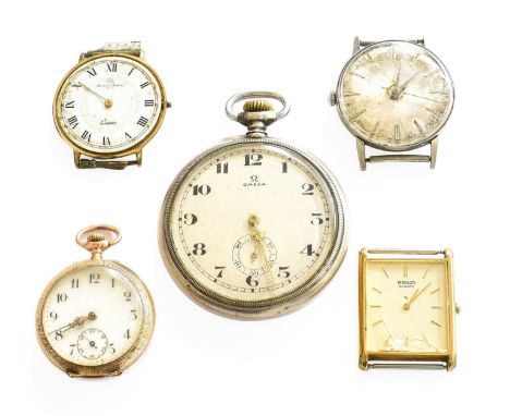 An Open Faced Omega Pocket Watch, A Lady's 14 Carat Gold Fob Watch, case stamped 0.585, A Stainless Steel Manual Wound Wristw