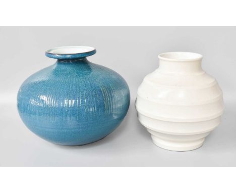 A Keith Murray Ribbed Vase; together with a pool pottery blue glazed vaseKeith Murray Vase - minor firing crack to inside rim