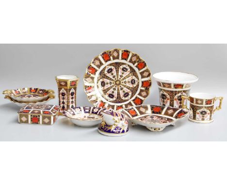 Royal Crown Derby Imari wares including a pair of 1128 pattern twin-handled dishes, trinket box, loving cup, frog paper weigh