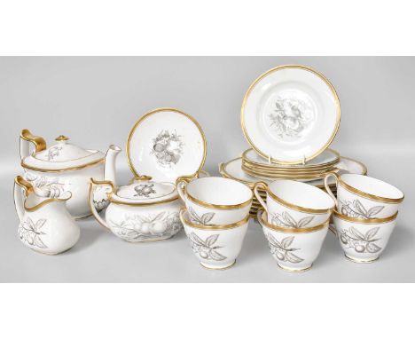 A Spode Chathan Pattern Tea Service, decorated with monochrome fruit and gilt borders (one tray)
