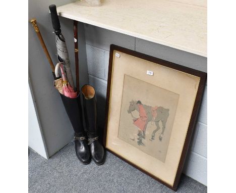 A Hunting Print ''Ten Miles from Anywhere'', a pair of Harry Hall riding boots and spurs, a walking stick and three parasols