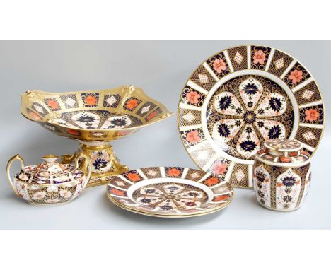 Royal Crown Derby Imari Wares including 1128 pattern tazza (a.f), one ginger jar and cover (a.f) a sucrier, dinner plate and 