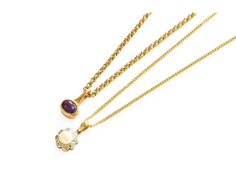 A 9 Carat Gold Sodalite Pendant, length 4.0cm; A 9 Carat Gold Amethyst Pendant on Chain, pendant length 1.5cm, chain length 4