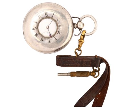 An early 20th century silver half hunter key-wind pocket watch, white enamel dial with Roman numeral hour markers, blued stee