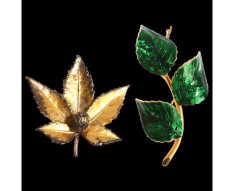FLORA DANICA COPENHAGEN - a sterling silver-gilt leaf and berry design brooch, length 40mm, and a gilt-metal and green enamel