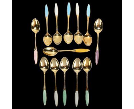 FRIGAST - gilded sterling and coloured enamel teaspoons (13) 