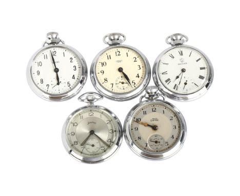 5 chrome plated open-face keyless pocket watches, including Smiths, Empire and Services (5)Lot sold as seen unless specific i