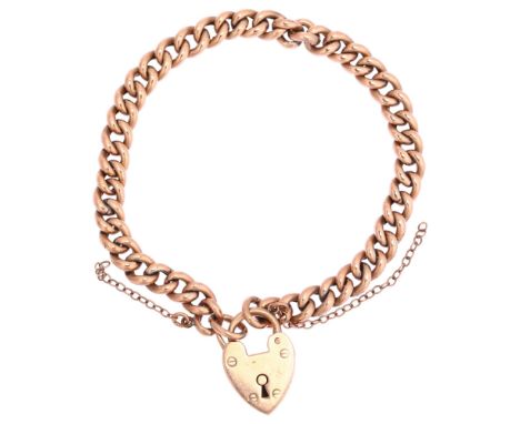 A Victorian 9ct rose gold hollow curb link chain bracelet, with 9ct heart padlock clasp, Chester 1899, length 19cm, 10.2gNo d