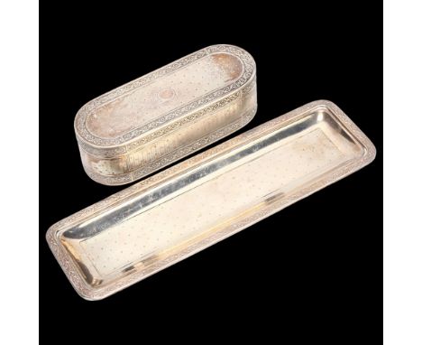 French Empire style silver tobacco box and tray, Charles Forgelot Paris circa 1900, 8.1oz gross, box length 12cm, tray length