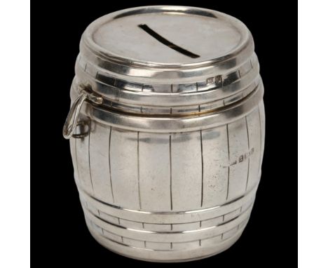 A late Victorian novelty silver barrel design money box with hinged lid, Saunders & Shepherd, Birmingham 1900, 1.7oz, height 