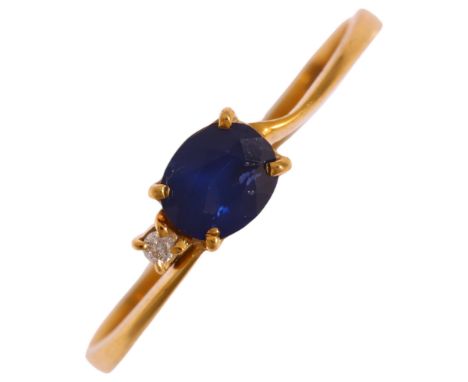 A 14ct gold sapphire and diamond dress ring, set with oval mixed-cut sapphire and modern round brilliant-cut diamond, size O,