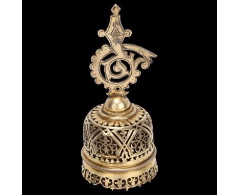 A Russian cast silver-gilt table bell, marked 84AM, Moscow circa 1910, height 12cmSmall part of the frilled edge is slightly 