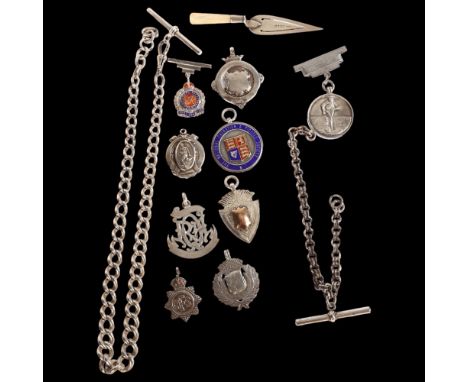 A mixed group of items, including 2 silver fob chains, 9 various silver and enamel fobs and brooches, and a silver and mother